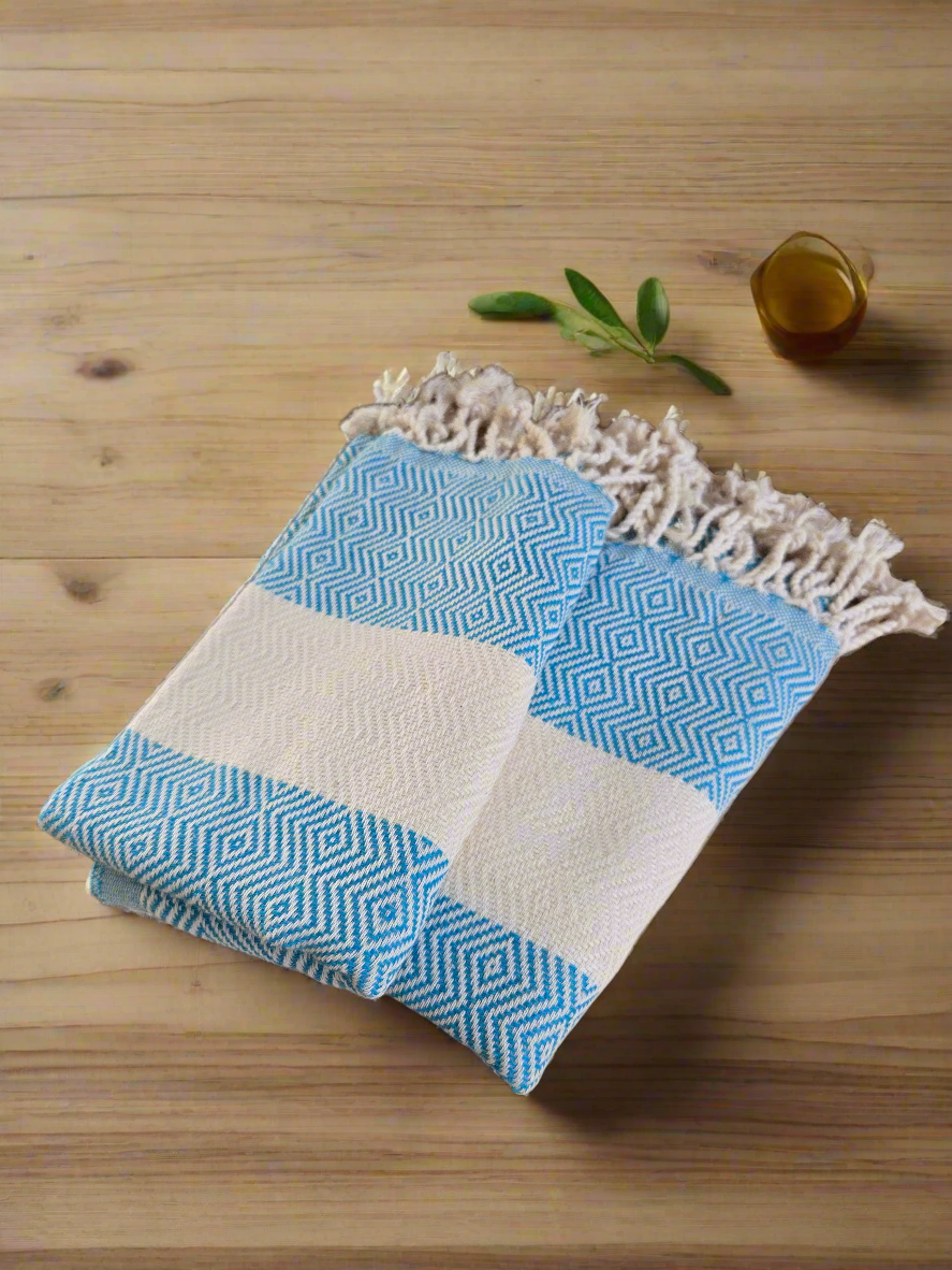 Turkish Cotton Hand Towels – Diamond Design with Beige Stripe