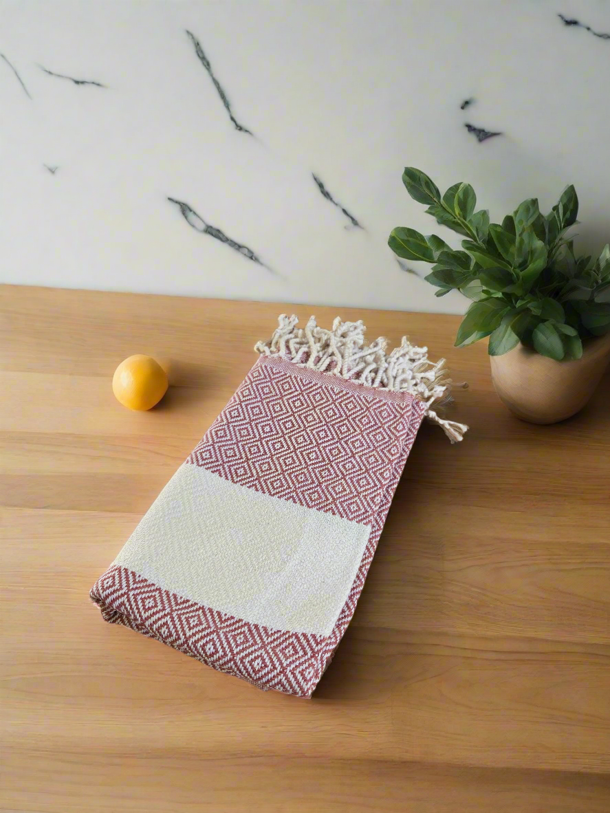 Turkish Cotton Hand Towels – Diamond Design with Beige Stripe