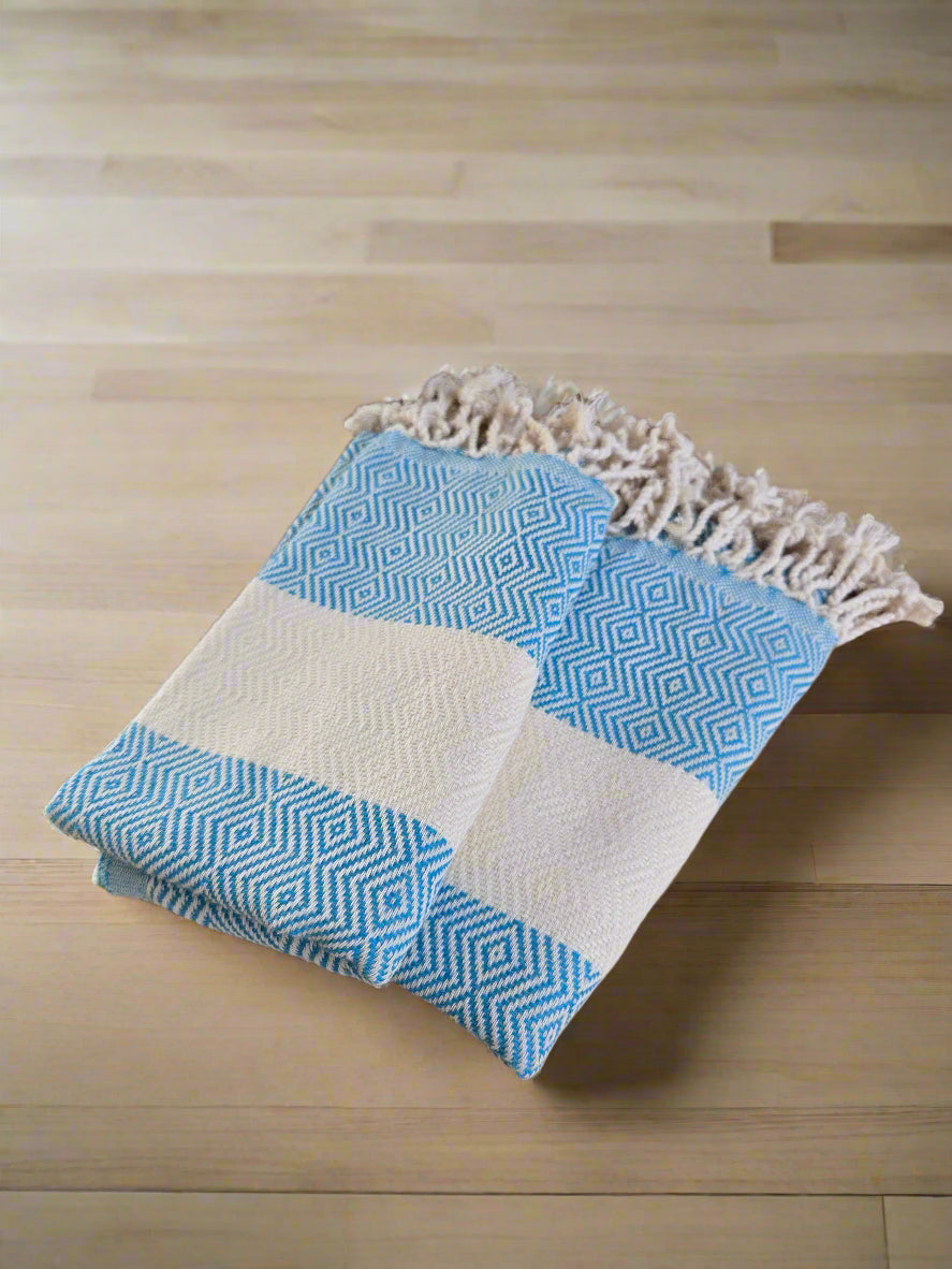 Turkish Cotton Hand Towels – Diamond Design with Beige Stripe