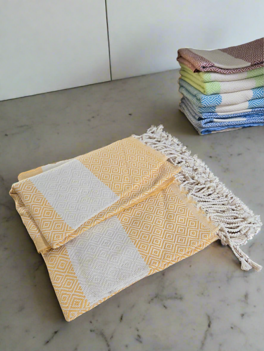 Turkish Cotton Hand Towels – Diamond Design with Beige Stripe