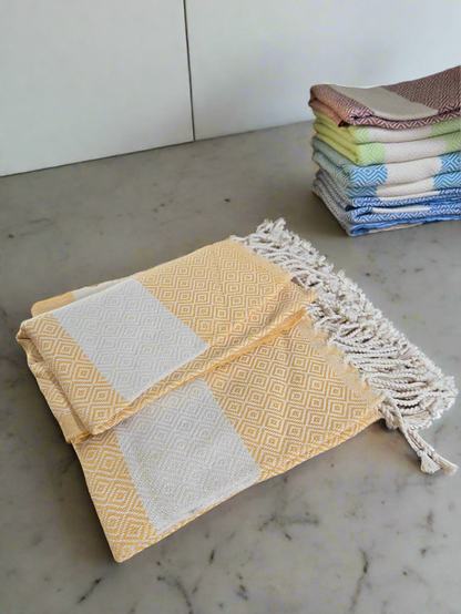 Turkish Cotton Hand Towels – Diamond Design with Beige Stripe