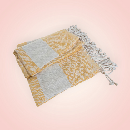 Turkish Cotton Hand Towels – Diamond Design with Beige Stripe